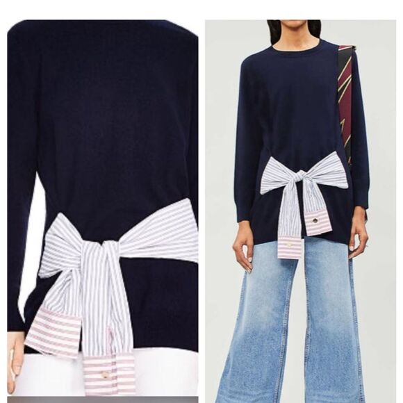 Sandro Suzanne Cashmere Wool Blend Waist Tie Navy Sweater - Picture 3 of 9